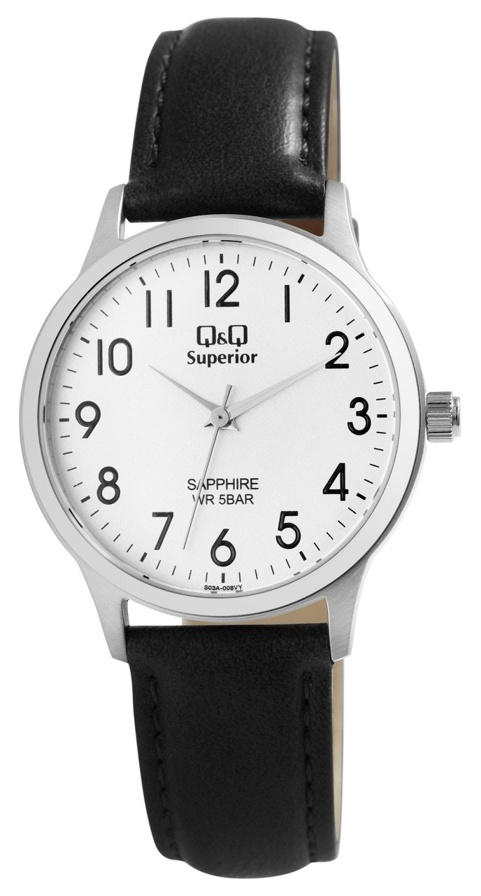 Reloj analógico en acero con correa de cuero negro