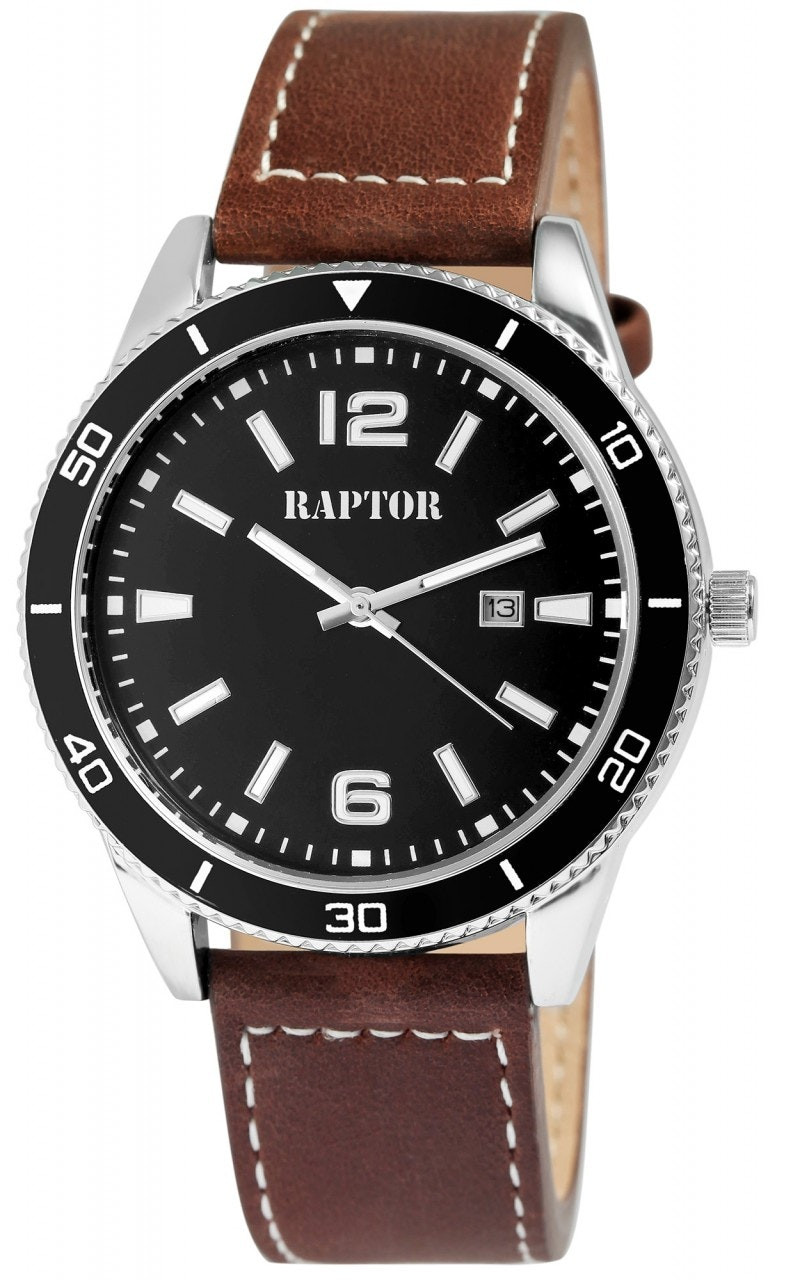 Simon analog metal watch with genuine leather strap and date
