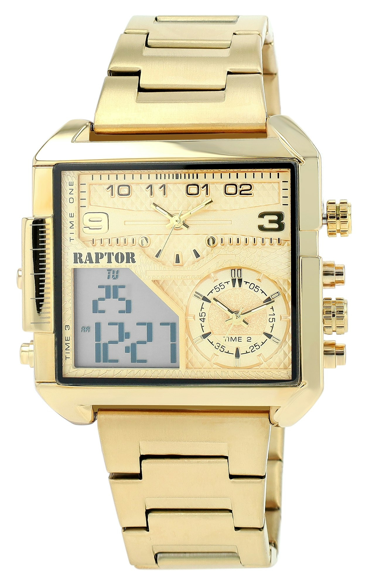 Domian square stainless steel watch with analog and digital display and three time zones