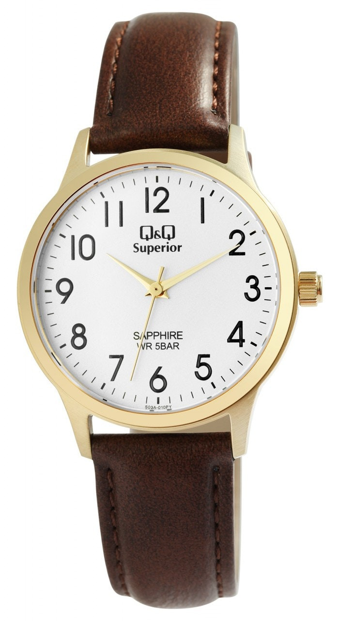 Analog watch with gold stainless steel case and leather strap