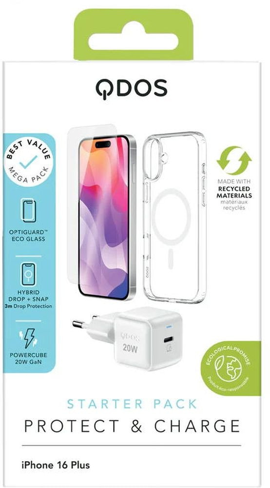 Starter Pack iPhone 16 Plus - protector, funda Hybrid, cargador PowerCube 20W