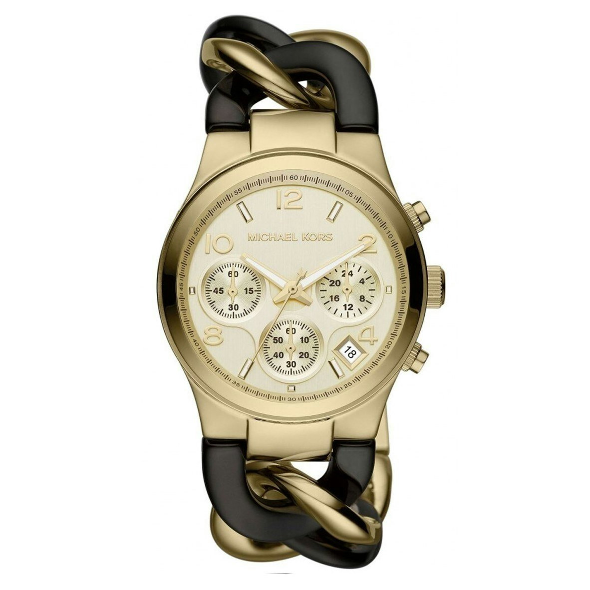 Reloj analógico de acero inoxidable negro y dorado con esfera blanca