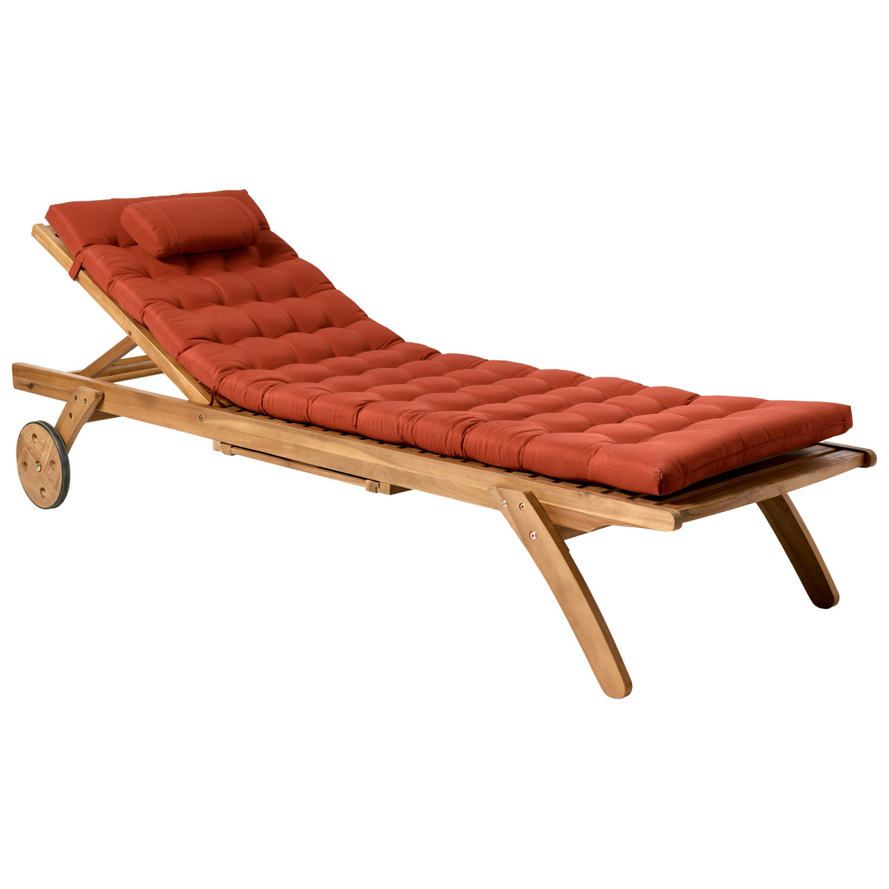 Tumbona reclinable de madera de acacia con ruedas y cojín