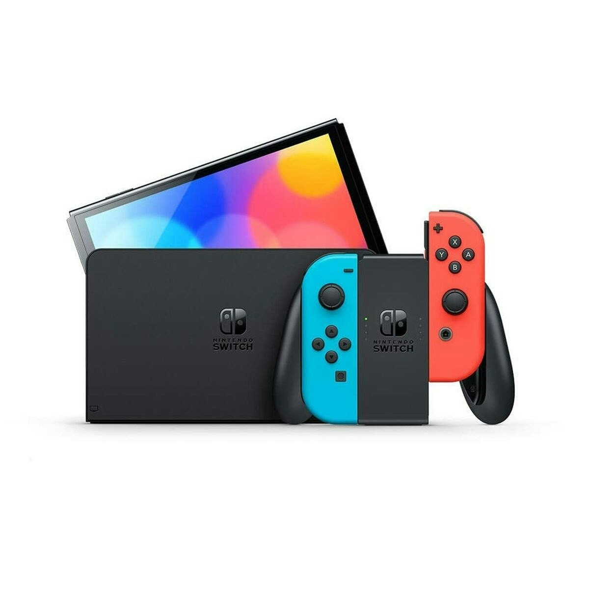 Nintendo Switch OLED console with touchscreen and detachable Joy‑Con