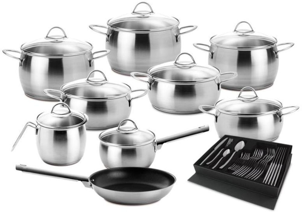 Set de cocina Oceanus Glass Satin 9 piezas acero inoxidable con tapas de vidrio