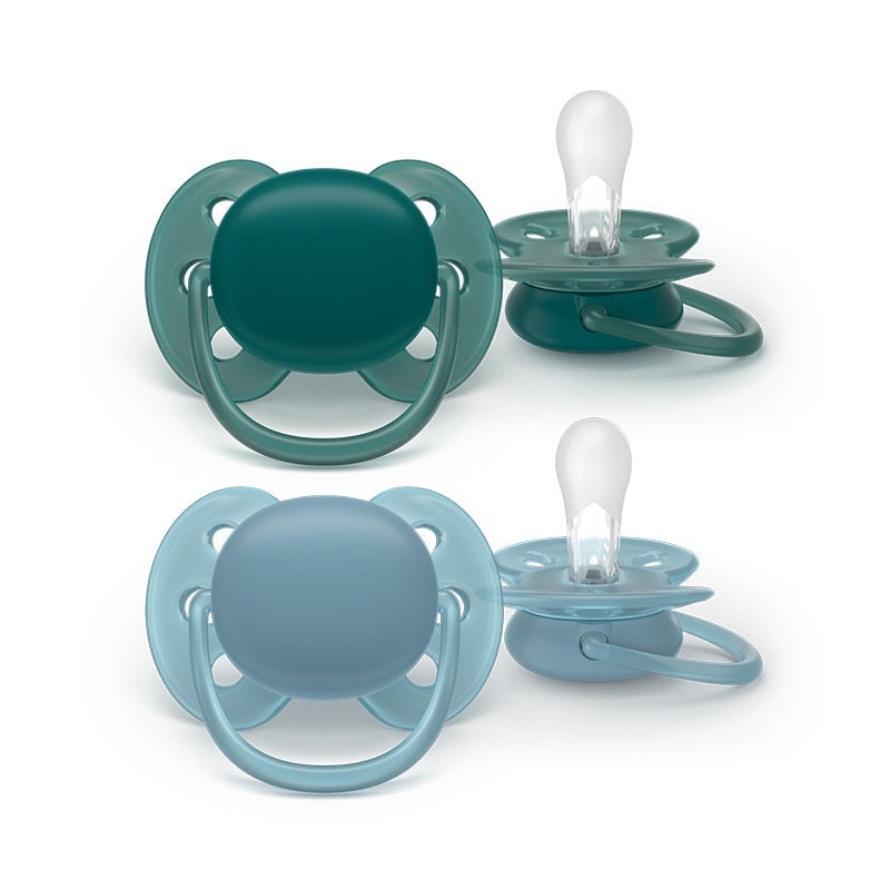 Chupete Ultra Soft para bebé +18M verde y azul piel sensible