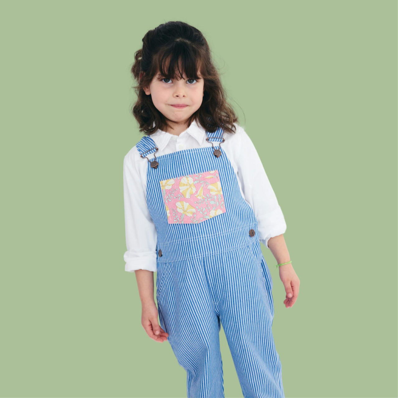 Blue striped children's dungarees with removable pockets