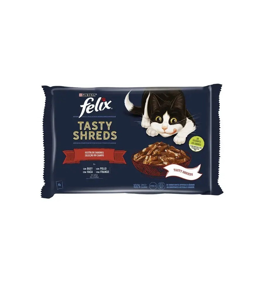 Felix Tasty Shreds Selección Campo Vaca y Pollo alimento húmedo para gato 4x80 g