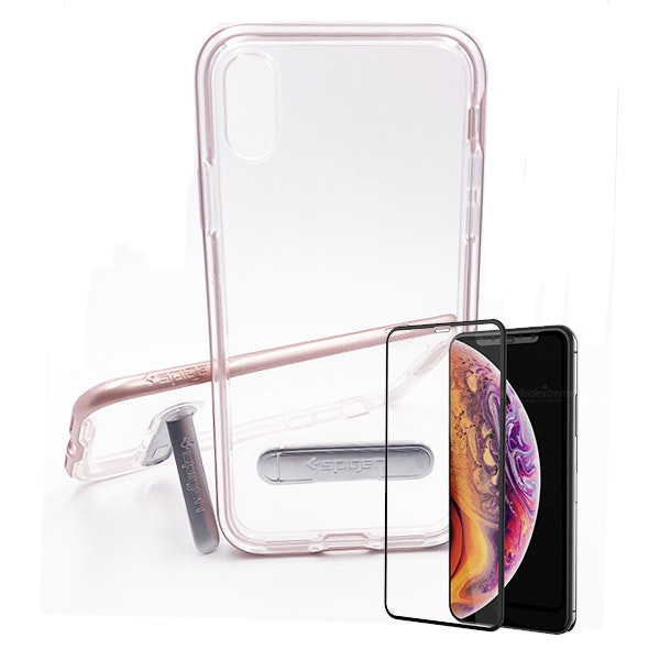 Crystal Hybrid Case with Full Cover Tempered Glass for iPhone XR - Pink