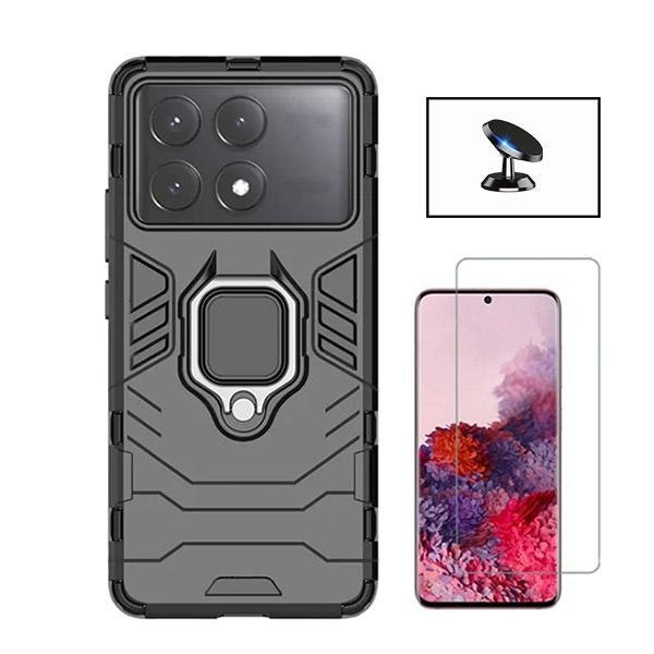 Kit Vidro Clearglass + Capa 3X1 Military Defender + Suporte Magnético de Carro para Xiaomi Poco X6 Pro - Preto