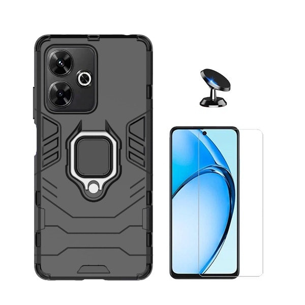 Tempered glass, Military Defender 3-in-1 case and magnetic car mount for Redmi 13 - Black