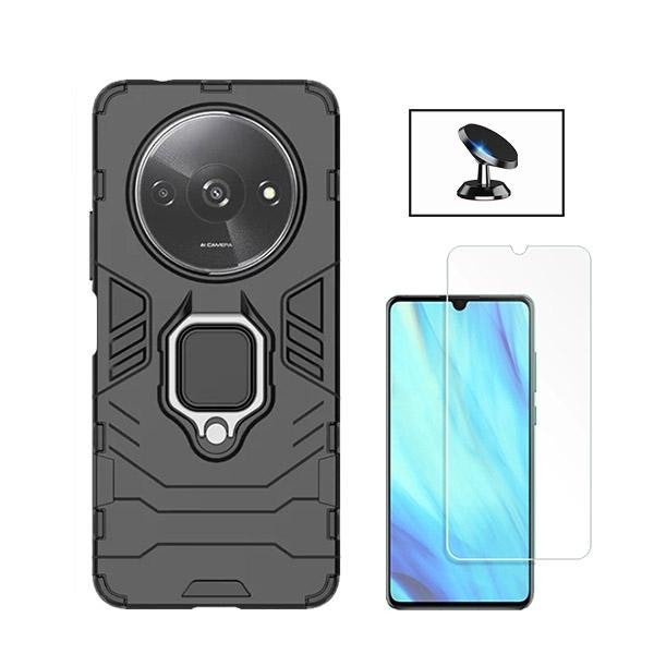 Cristal templado, funda Military Defender y soporte magnético de coche para Xiaomi Redmi A3 - Negro