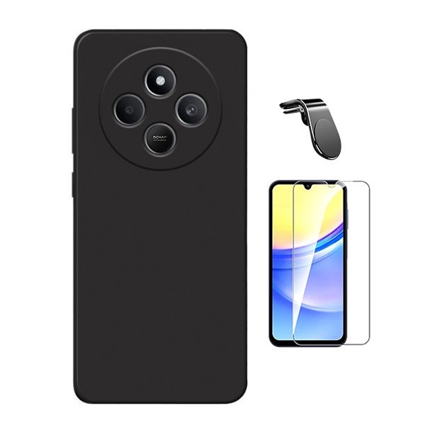 Kit vidrio templado, funda silicona líquida y soporte magnético para Xiaomi Redmi 14R - Negro