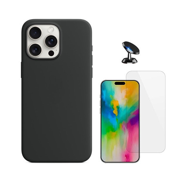 Kit de protección para iPhone 16 Pro Max: vidrio templado, funda silicona y soporte magnético