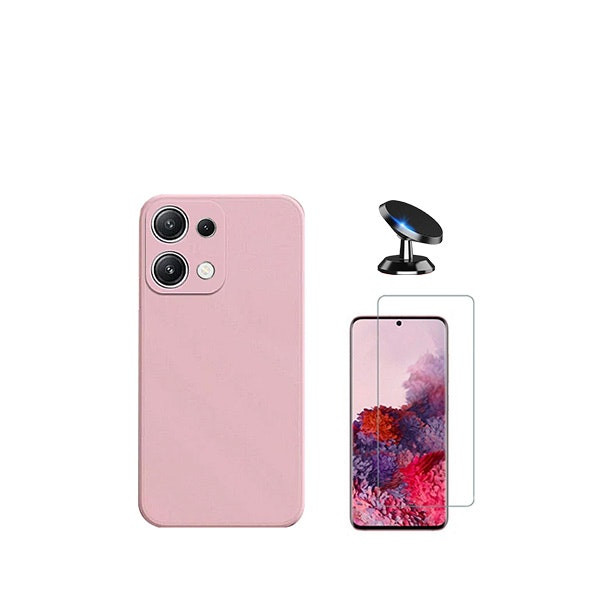 Kit Vidro Clearglass + Capa Silicone Líquido + Suporte Magnético de Carro para Xiaomi Redmi Note 13 4G - Rosa
