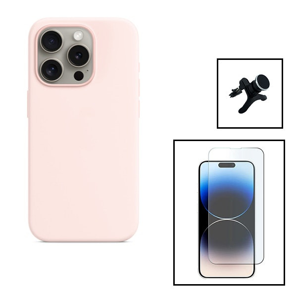 Kit cristal templado, funda silicona líquida y soporte magnético para iPhone 15 Pro