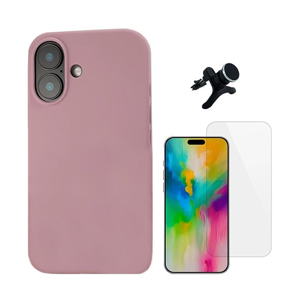 Kit protección para iPhone 16 Plus: vidrio templado, funda de silicona y soporte magnético - Rosa