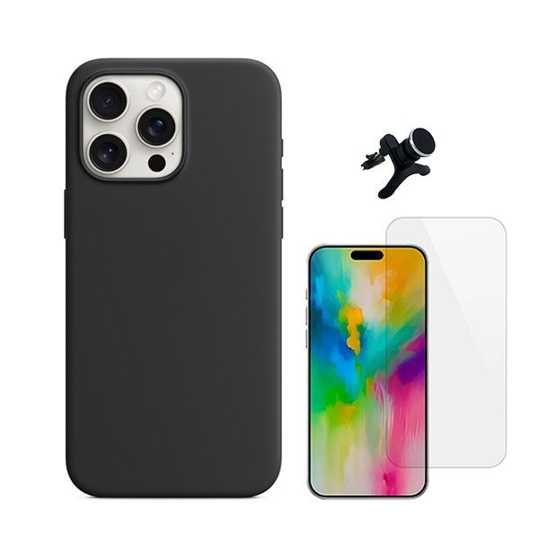 Kit de protección para iPhone 16 Pro Max con vidrio templado, funda de silicona y soporte magnético