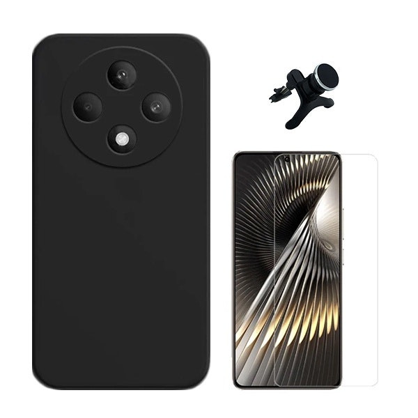 Tempered glass, liquid silicone case and magnetic car mount for Reno12 F 4G - Black
