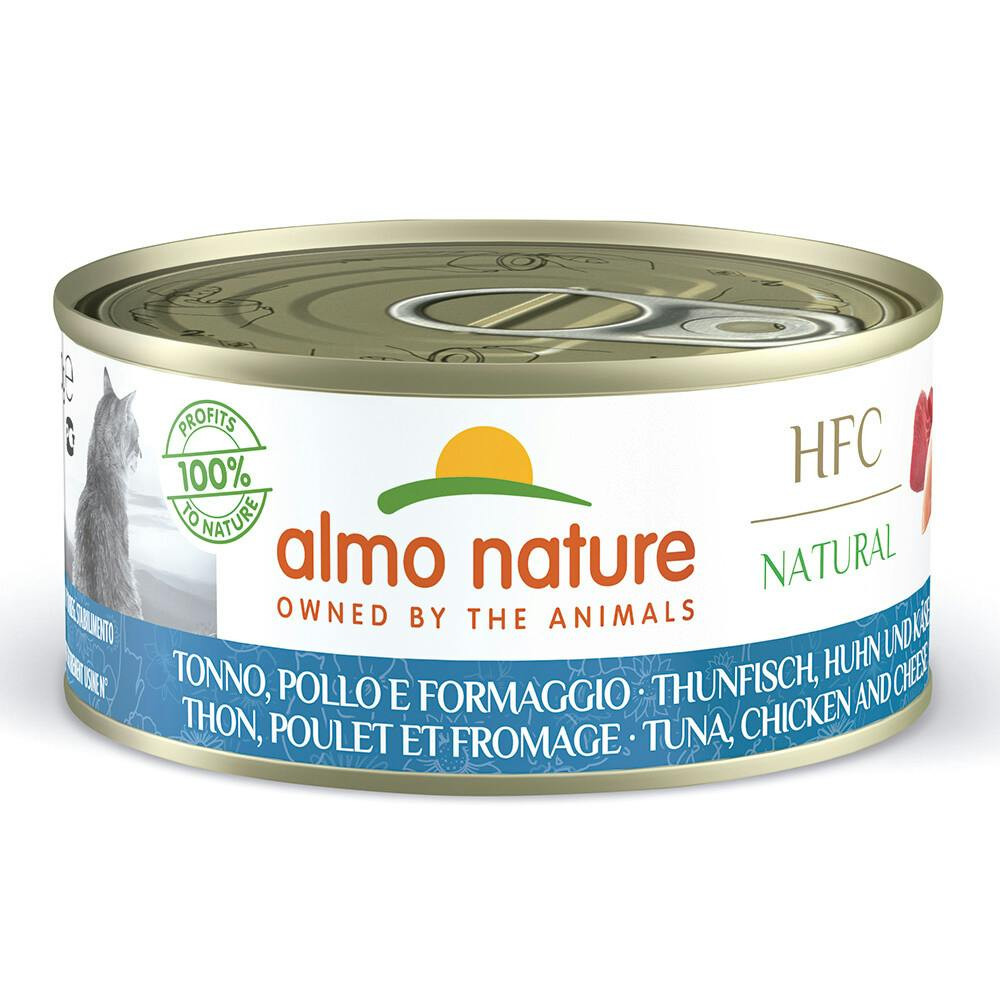 Alimento húmedo para gato HFC Natural atún pollo queso lata 150 g