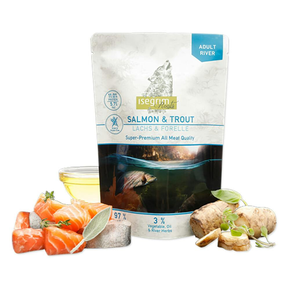 Roots Salmon and Trout Wet Dog Food - 410 g pouch (pack of 7)