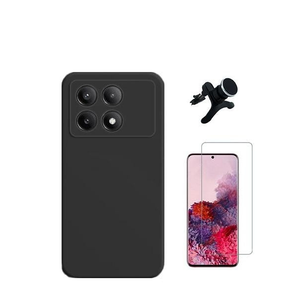Kit: tempered glass, silicone case and magnetic car mount for Xiaomi Poco X6 Pro 5G - Black