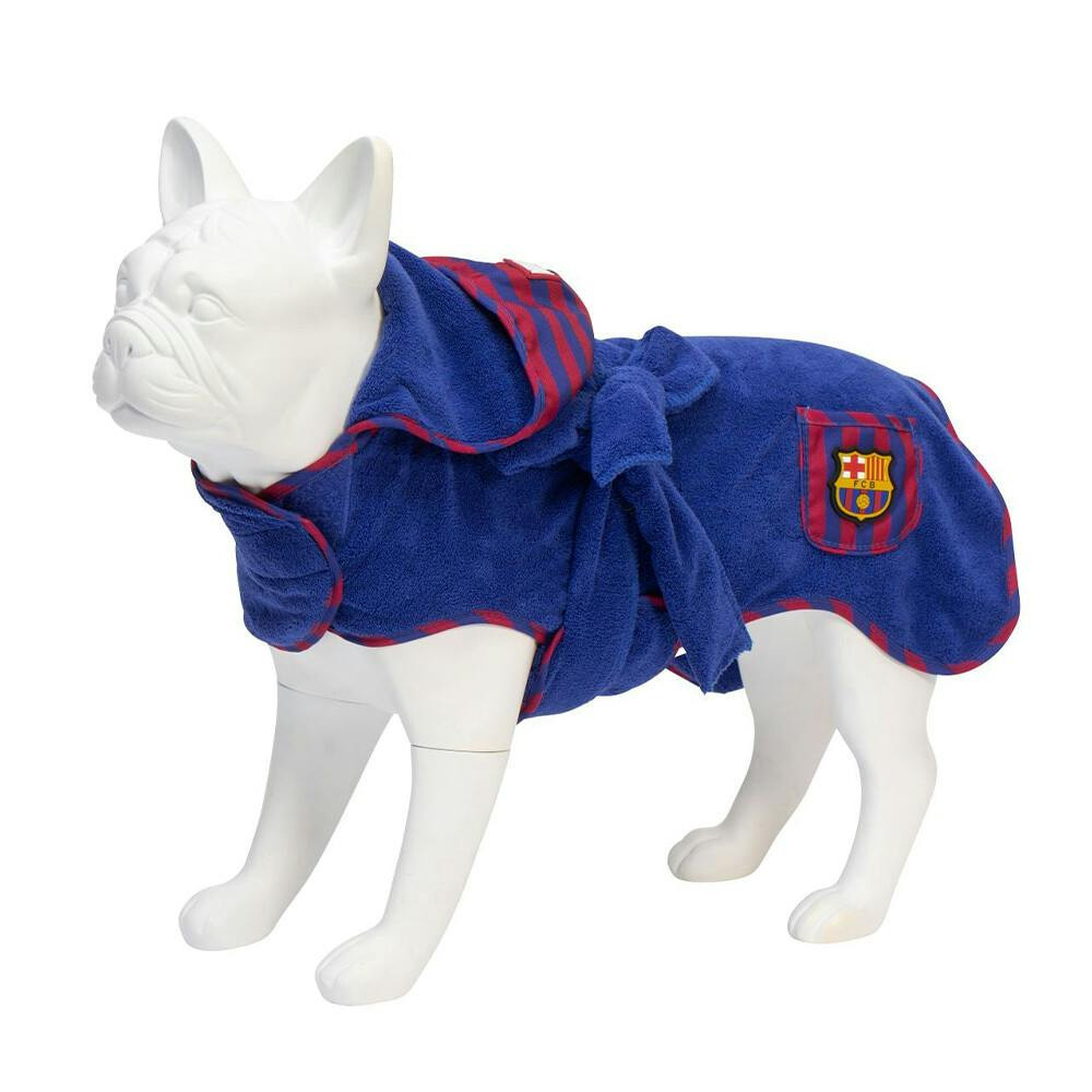 Robe de baño para perro FC Barcelona con capucha y cinturón ajustable