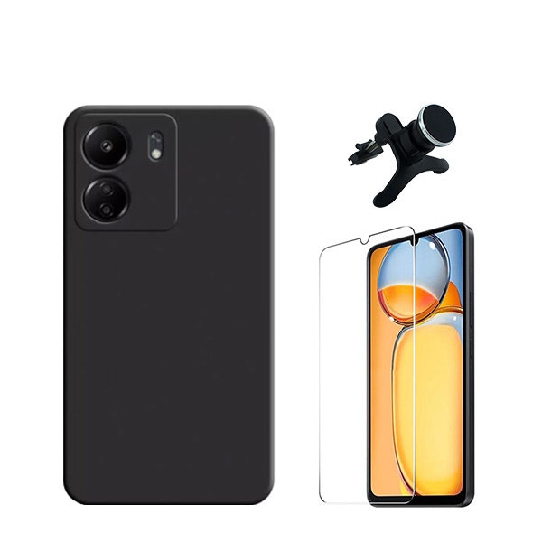 Kit protección: cristal templado, funda silicona y soporte magnético para Xiaomi Redmi 13C - Negro