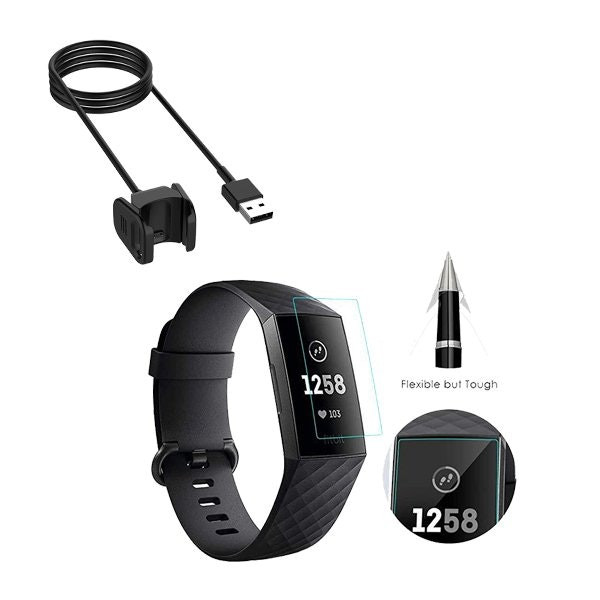 USB charger and screen protector kit for Fitbit Charge 3