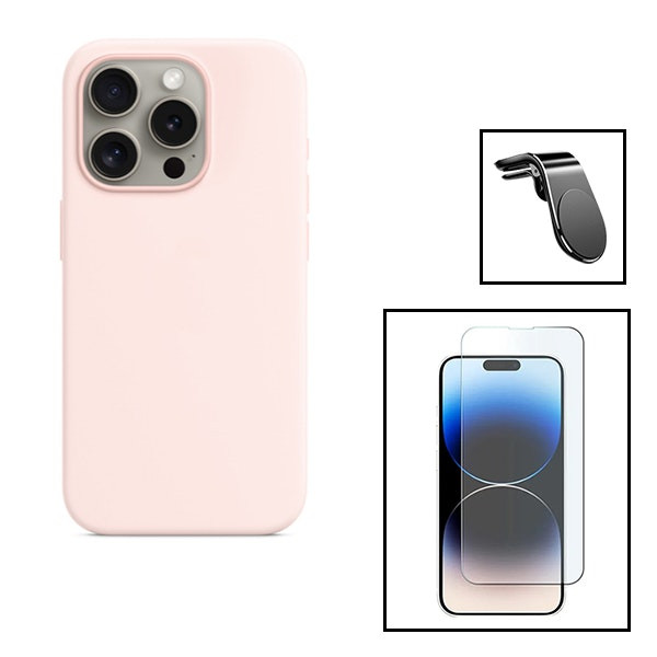 Protection kit for iPhone 15 Pro: tempered glass, silicone case and magnetic car mount