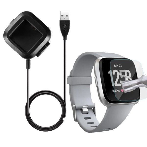 Kit cable cargador USB y protector de vidrio templado para Fitbit Versa Lite