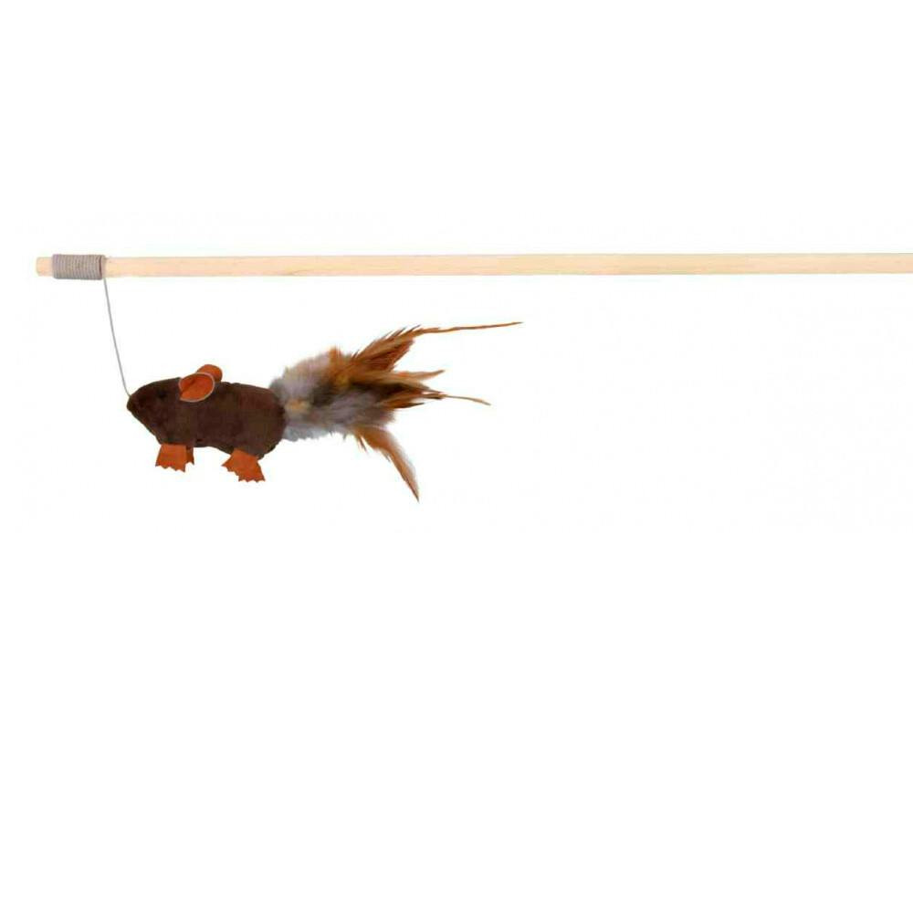 Caña con ratón de peluche y plumas para gato