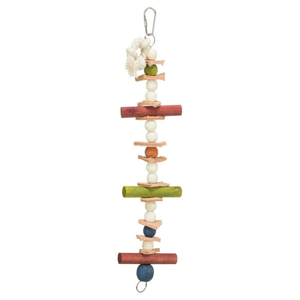 Cage toy with wood, leather and beads
