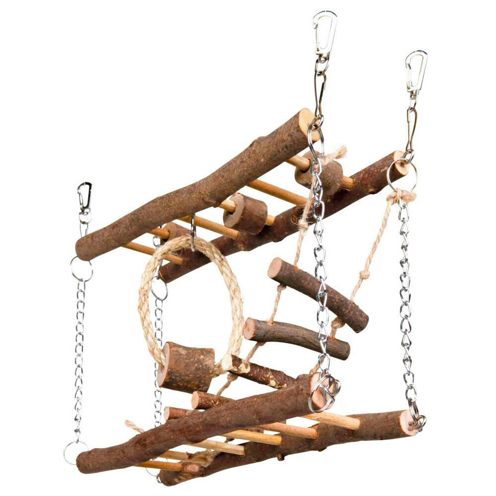 Puente colgante de madera para roedores con cuerda y anillo de sisal