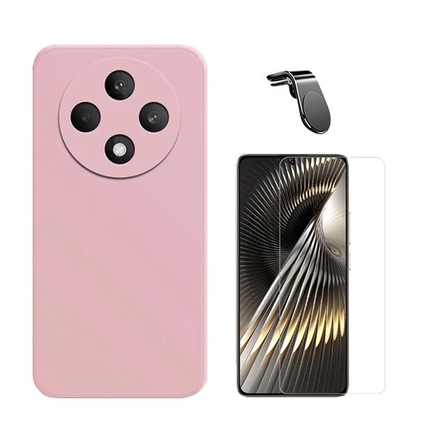 Kit protección: cristal templado, funda silicona líquida y soporte magnético para Oppo Reno12 F 4G - Rosa