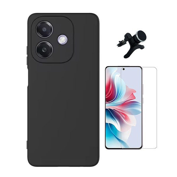 Vidrio templado, funda de silicona líquida y soporte magnético reforzado para Oppo A3 5G - Negro
