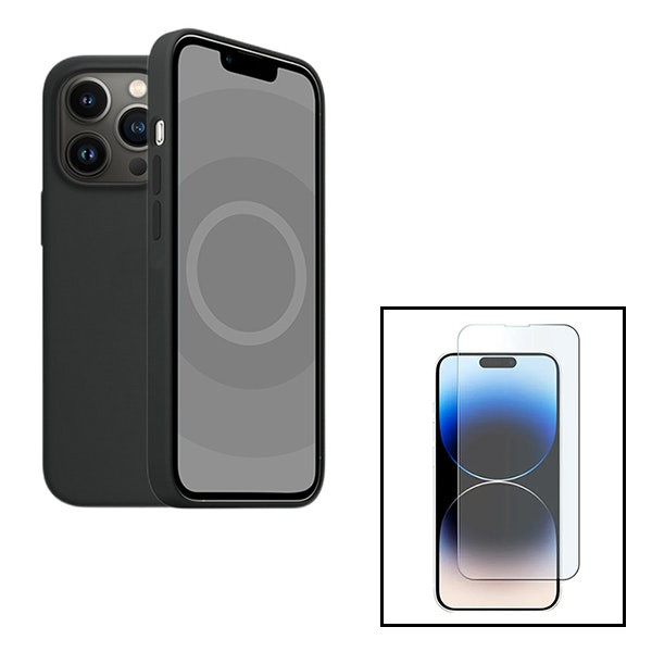 Kit vidrio templado y funda de silicona líquida para iPhone 15 Pro Max - Negro