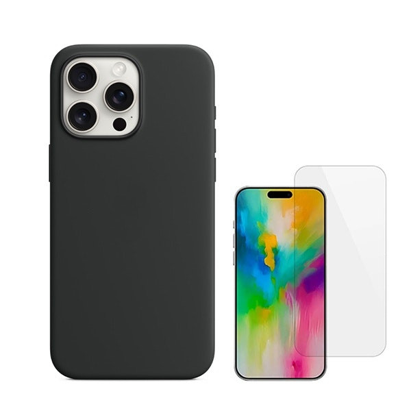 Kit vidrio templado Clearglass y funda de silicona líquida para iPhone 16 Pro Max - Negro