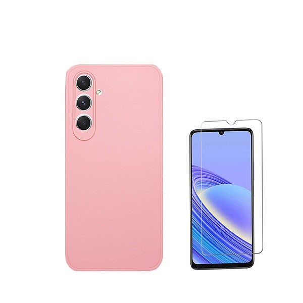 Protector de vidrio templado y funda de silicona líquida para Samsung Galaxy A05s - Rosa