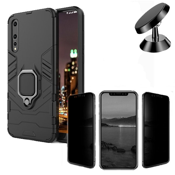 Kit protector 5D de privacidad, funda Military Defender 3x1 y soporte magnético para Huawei P20 Pro