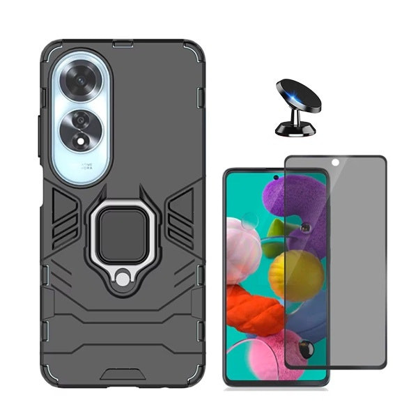 Protection kit for Oppo A60: 5D privacy screen, 3-in-1 Military Defender case and magnetic car mount