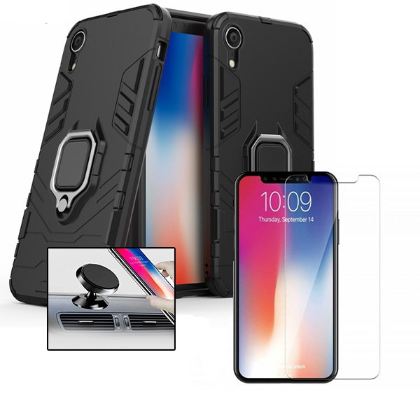 Kit: Protector de vidrio templado Full Cover + funda Military Defender + soporte magnético para iPhone XR