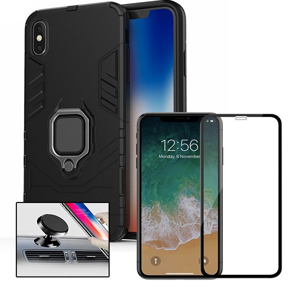 Protector de vidrio full cover 5D y funda Military Defender con soporte magnético para coche