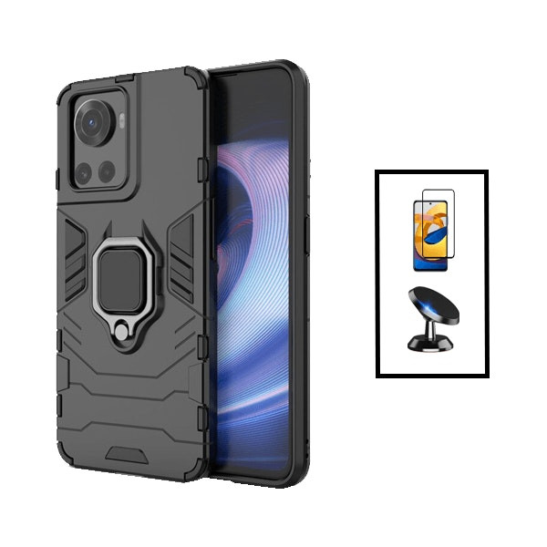 OnePlus 10R protection kit: Full Cover 5D glass, Military Defender 3-in-1 case, magnetic car mount - Black