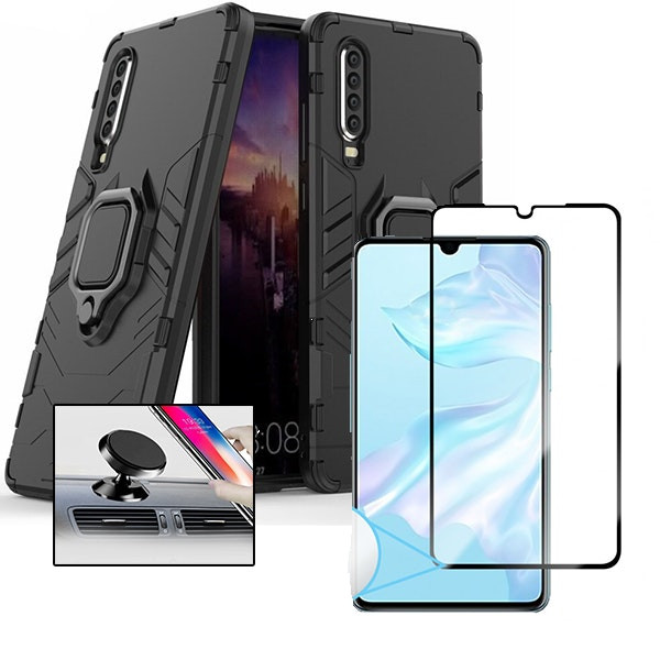 Kit: Full-Cover Tempered Glass, Military Defender Case and Magnetic Car Mount for Huawei P30