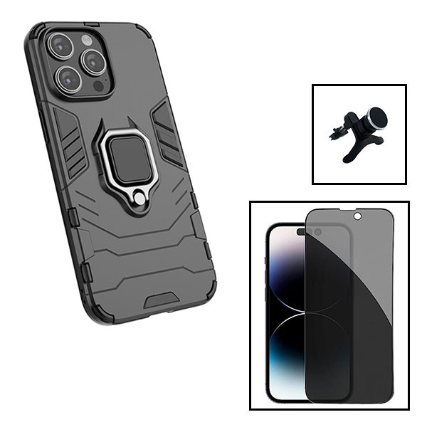 Kit protector 5D privacidad con funda Military Defender 3x1 y soporte magnético para iPhone 15