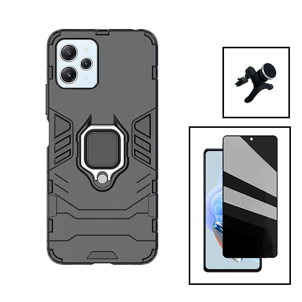 Pack protector 5D de privacidad y funda Military Defender con soporte magnético para Xiaomi Redmi Note 12R - Negro