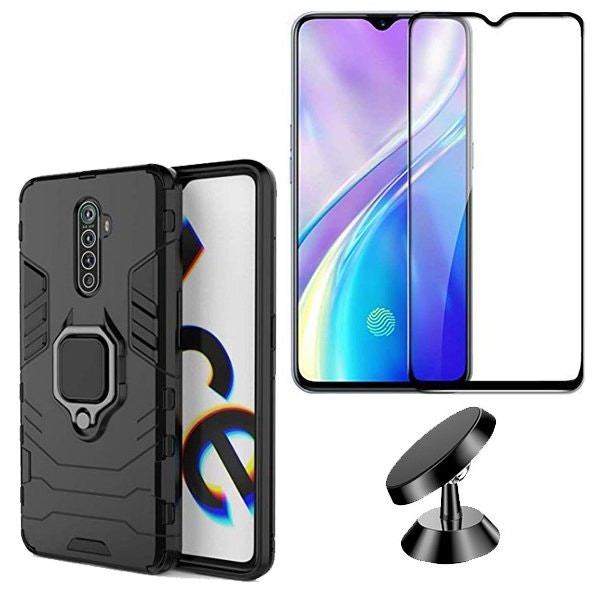 Kit Vidro Premium Full Cover + Capa 3X1 Military Defender + Suporte Magnético de Carro para Realme X2 Pro