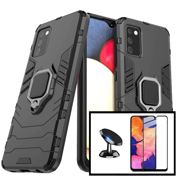 Full Cover 5D Glass Protector and Military Defender Case with Magnetic Car Mount for Samsung Galaxy A02s