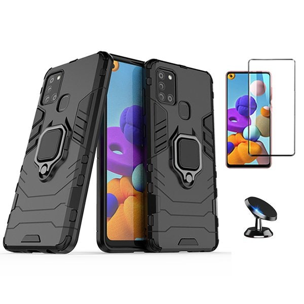 Military Defender 3-in-1 case kit with Full Cover 5D glass and magnetic car mount for Galaxy A21s